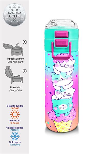 Coral High 500 ml Pipetli ve Direkt İçim Çelik Termos/Matara - Kız Çocuk -  Coral High KidsRenkli Dondurmalı Kedi Desenli 31812