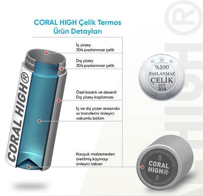 Coral High 500 ml Pipetli ve Direkt İçim Çelik Termos/Matara - Erkek Çocuk -  Futbol Desenli 31816