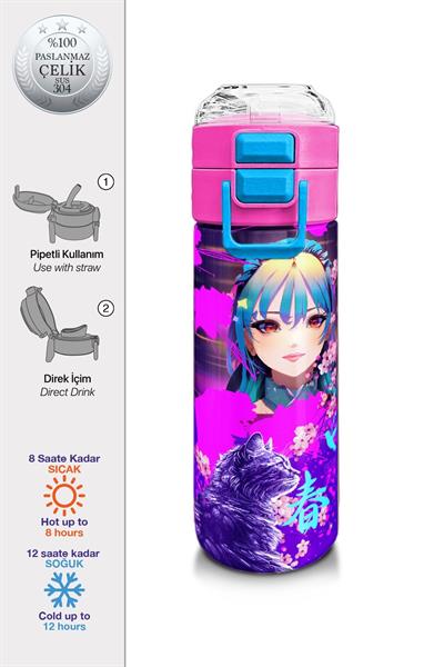 Coral High 500 ml Pipetli ve Direkt İçim Çelik Termos/Matara - Kız Çocuk -  Coral High KidsMor Pembe Anime Kedi Desenli 31954