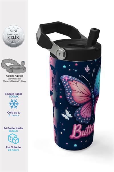 Coral High 600 ml Pipetli ve Kulplu Lacivert Pembe Kelebek Desenli Kız Çocuk Matara 38905