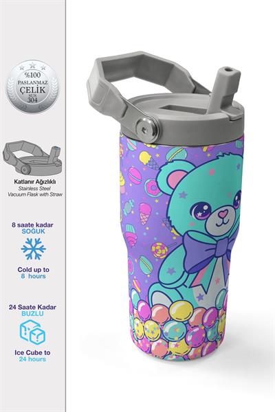 Coral High 600 ml Pipetli ve Kulplu Mor Yeşil Ayıcık Desenli Kız Çocuk Matara 38902