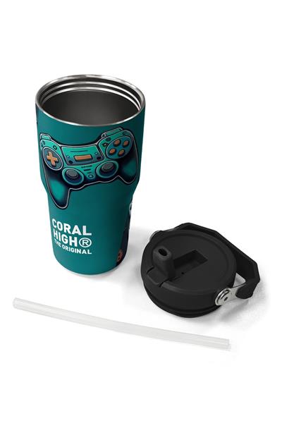 Coral High 600 ml Pipetli ve Kulplu Nefti Yeşil Oyun Konsolu Desenli Erkek Çocuk Matara 38924
