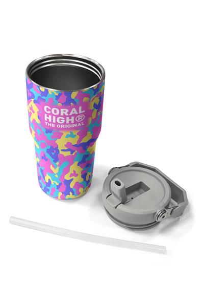 Coral High 600 ml Pipetli ve Kulplu Pembe Sarı Kamuflaj Kız Çocuk Matara 38901