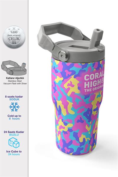 Coral High 600 ml Pipetli ve Kulplu Pembe Sarı Kamuflaj Kız Çocuk Matara 38901