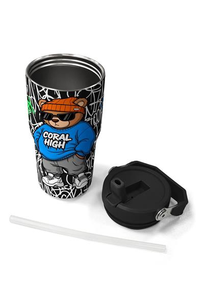 Coral High 600 ml Pipetli ve Kulplu Siyah Mavi Grafiti Ayıcık Baskılı Erkek Çocuk Matara 38906