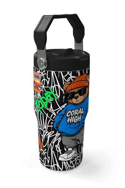 Coral High 600 ml Pipetli ve Kulplu Siyah Mavi Grafiti Ayıcık Baskılı Erkek Çocuk Matara 38906