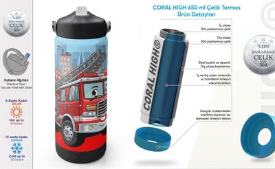 Coral High 650 ml Erkek Çocuk Kırmızı İtfaiye Aracı Baskılı Çelik Suluk/Matara (Pipetli) 38345