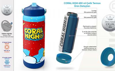 Coral High 650 ml Erkek Çocuk Kırmızı Mavi Astronot Baskılı Çelik Suluk/Matara (Pipetli) 38327