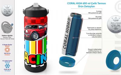 Coral High 650 ml Erkek Çocuk Kırmızı Racing Araba Baskılı Çelik Suluk/Matara (Pipetli) 38339