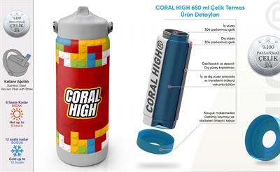 Coral High 650 ml Erkek Çocuk Kırmızı Yapı Blokları Baskılı Çelik Suluk/Matara (Pipetli) 38392