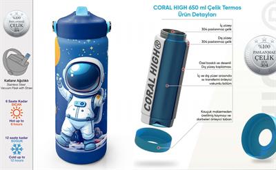 Coral High 650 ml Erkek Çocuk Lacivert Beyaz Astronot Baskılı Çelik Suluk/Matara (Pipetli) 38334