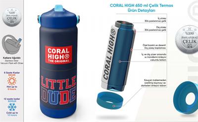 Coral High 650 ml Erkek Çocuk Lacivert Kırmızı Little Dude Baskılı Çelik Suluk/Matara (Pipetli) 38319