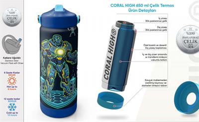 Coral High 650 ml Erkek Çocuk Lacivert Robot Baskılı Çelik Suluk/Matara (Pipetli) 38328
