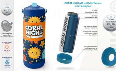 Coral High 650 ml Erkek Çocuk Lacivert Turuncu Uzay Baskılı Çelik Suluk/Matara (Pipetli) 38342