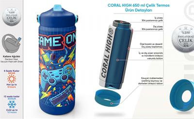 Coral High 650 ml Erkek Çocuk Lacivert Turuncu Joystick Baskılı Çelik Suluk/Matara (Pipetli) 38333