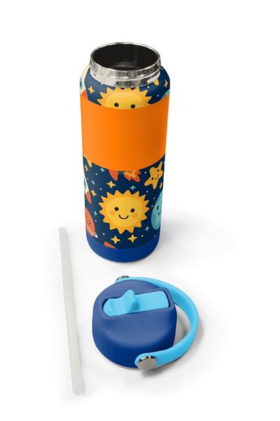Coral High 650 ml Erkek Çocuk Lacivert Turuncu Uzay Baskılı Çelik Suluk/Matara (Pipetli) 38342