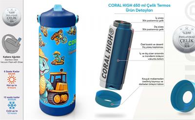Coral High 650 ml Erkek Çocuk Mavi Dinazor ve İş Makineleri Baskılı Çelik Suluk/Matara (Pipetli) 38396