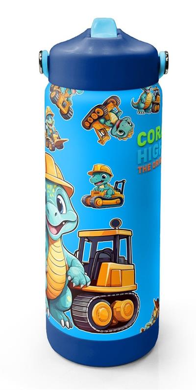 Coral High 650 ml Erkek Çocuk Mavi Dinazor ve İş Makineleri Baskılı Çelik Suluk/Matara (Pipetli) 38396