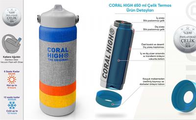 Coral High 650 ml Erkek Çocuk Mavi Gri Turuncu Çizgi Desenli Çelik Suluk/Matara (Pipetli) 38321