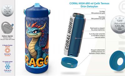 Coral High 650 ml Erkek Çocuk Mavi Sarı Dragon Desenli Çelik Suluk/Matara (Pipetli) 38313