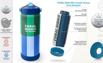 Coral High 650 ml Erkek Çocuk Mavi Yeşil Çizgi Desenli Çelik Suluk/Matara (Pipetli) 38311