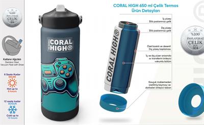 Coral High 650 ml Erkek Çocuk Nefti Yeşil Oyun Konsolu Desenli Çelik Suluk/Matara (Pipetli) 38388