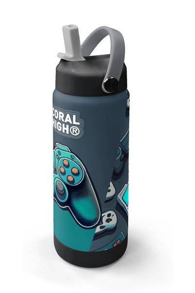 Coral High 650 ml Erkek Çocuk Nefti Yeşil Oyun Konsolu Desenli Çelik Suluk/Matara (Pipetli) 38388