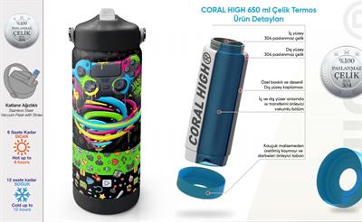 Coral High 650 ml Erkek Çocuk Oyun Baskılı Çelik Suluk/Matara (Pipetli) 38340