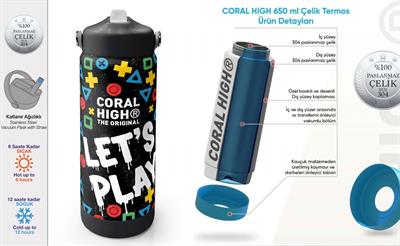 Coral High 650 ml Erkek Çocuk Siyah Çok Renkli Lets Play Baskılı Çelik Suluk/Matara (Pipetli) 38314