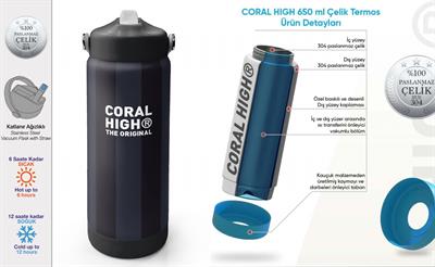 Coral High 650 ml Erkek Çocuk Siyah Gri Çizgi Desenli Çelik Suluk/Matara (Pipetli) 38318