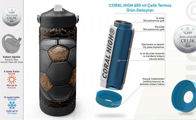 Coral High 650 ml Erkek Çocuk Siyah Kahverengi Futbol Topu Baskılı Çelik Suluk/Matara (Pipetli) 38317