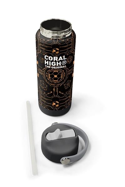 Coral High 650 ml Erkek Çocuk Siyah Kahverengi Futbol Topu Baskılı Çelik Suluk/Matara (Pipetli) 38317