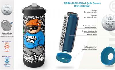 Coral High 650 ml Erkek Çocuk Siyah Mavi Grafiti Ayıcık Baskılı Çelik Suluk/Matara (Pipetli) 38332