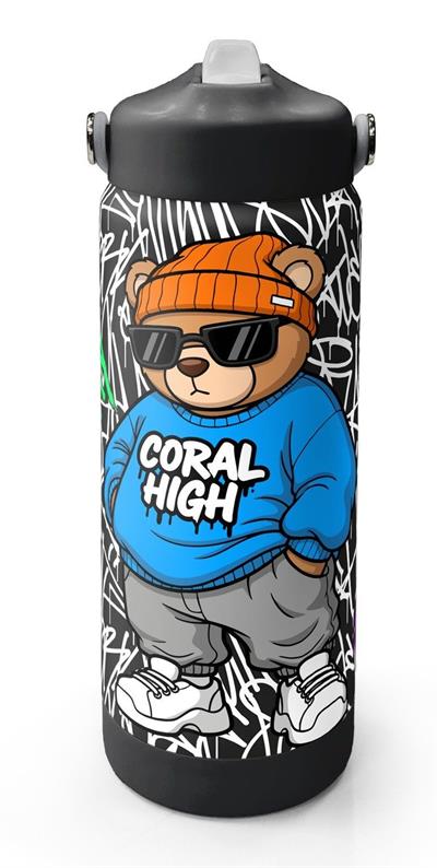Coral High 650 ml Erkek Çocuk Siyah Mavi Grafiti Ayıcık Baskılı Çelik Suluk/Matara (Pipetli) 38332