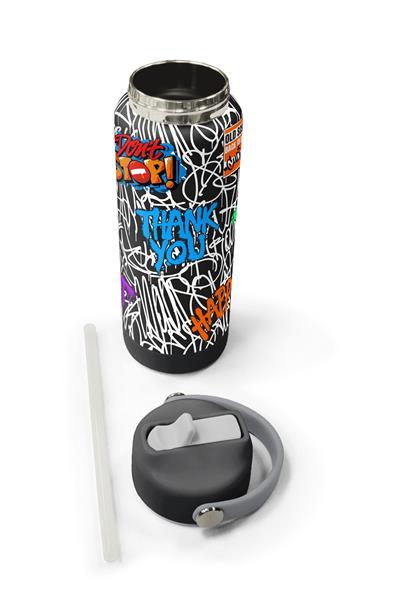Coral High 650 ml Erkek Çocuk Siyah Mavi Grafiti Ayıcık Baskılı Çelik Suluk/Matara (Pipetli) 38332