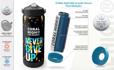 Coral High 650 ml Erkek Çocuk Siyah Sarı Never Give Up Baskılı Çelik Suluk/Matara (Pipetli) 38320