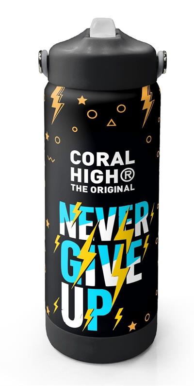 Coral High 650 ml Erkek Çocuk Siyah Sarı Never Give Up Baskılı Çelik Suluk/Matara (Pipetli) 38320