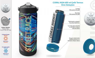 Coral High 650 ml Erkek Çocuk Siyah Yarış Arabası Baskılı Çelik Suluk/Matara (Pipetli) 38341