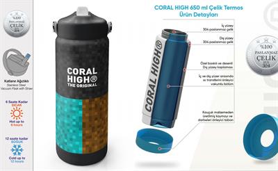 Coral High 650 ml Erkek Çocuk Siyah Yeşil Kahverengi Craft Desenli Çelik Suluk/Matara (Pipetli) 38316