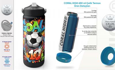 Coral High 650 ml Erkek Çocuk Siyah Yeşil Goal Baskılı Çelik Suluk/Matara (Pipetli) 38335