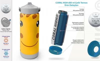 Coral High 650 ml Erkek Çocuk Turuncu Zürafa Desenli Çelik Suluk/Matara (Pipetli) 38344