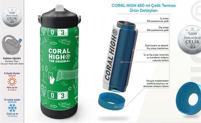 Coral High 650 ml Erkek Çocuk Yeşil Futbol Baskılı Çelik Suluk/Matara (Pipetli) 38329