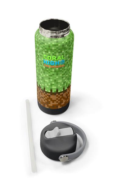 Coral High 650 ml Erkek Çocuk Yeşil Kahverengi Craft Desenli Çelik Suluk/Matara (Pipetli) 38393
