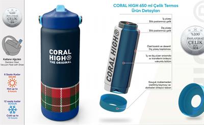 Coral High 650 ml Kız Çocuk Lacivert Kırmızı Ekosa Desenli Çelik Suluk/Matara (Pipetli) 38307