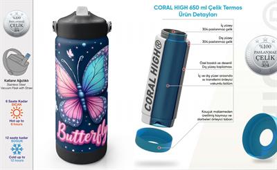 Coral High 650 ml Kız Çocuk Lacivert Pembe Kelebek Desenli Çelik Suluk/Matara (Pipetli) 38331