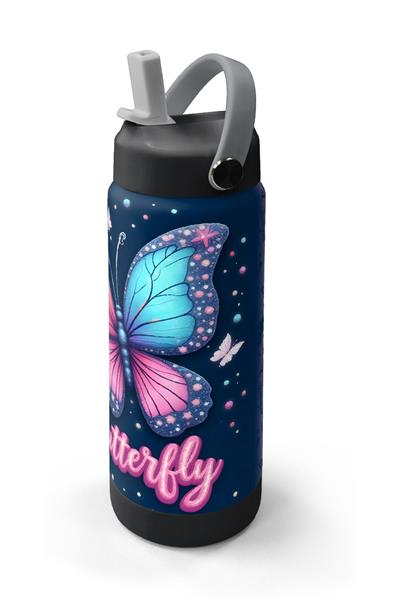 Coral High 650 ml Kız Çocuk Lacivert Pembe Kelebek Desenli Çelik Suluk/Matara (Pipetli) 38331
