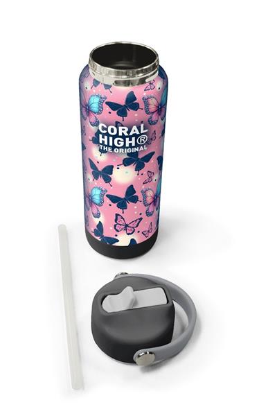 Coral High 650 ml Kız Çocuk Lacivert Pembe Kelebek Desenli Çelik Suluk/Matara (Pipetli) 38331
