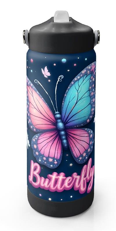 Coral High 650 ml Kız Çocuk Lacivert Pembe Kelebek Desenli Çelik Suluk/Matara (Pipetli) 38331