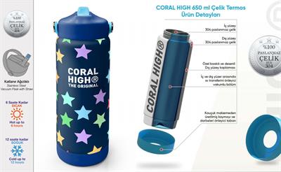 Coral High 650 ml Kız Çocuk Lacivert Yıldız Desenli Çelik Suluk/Matara (Pipetli) 38309