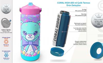 Coral High 650 ml Kız Çocuk Mor Yeşil Ayıcık Desenli Çelik Suluk/Matara (Pipetli) 38305